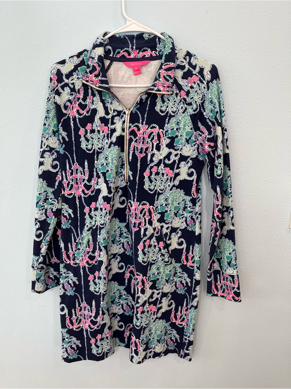 Lilly Pulitzer Navy Half-Zip Tunic with Pink & Mint Chandelier Print